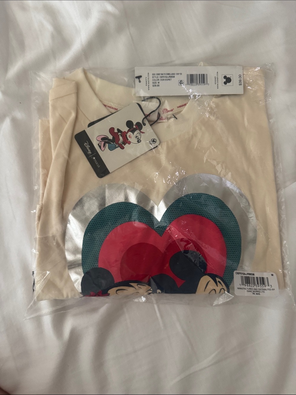 Macy's Cream Disney Crop Tee with Metallic Silver, Teal & Red Hearts